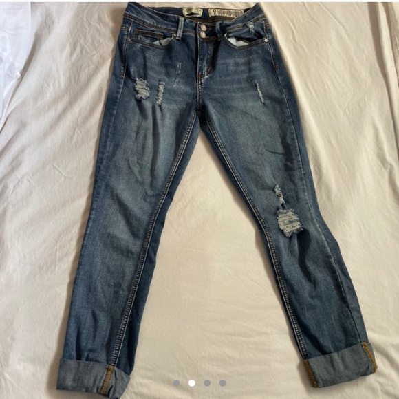 Distressed cuffed dark wash jeans - Picture 2 of 4